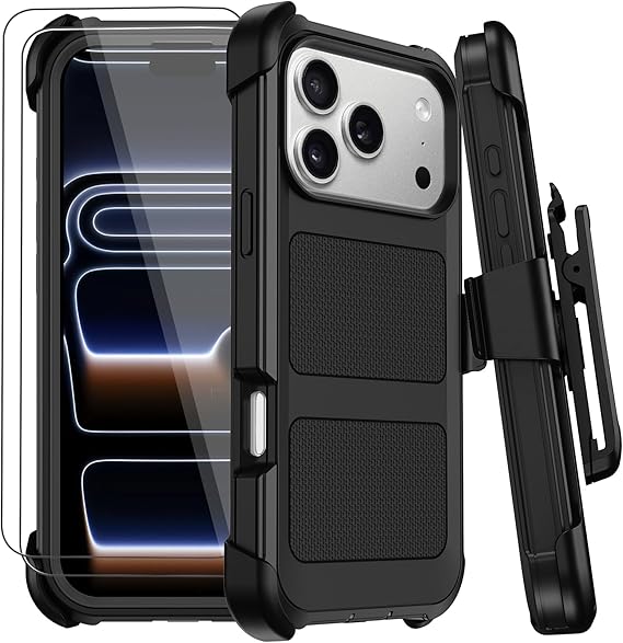 for iPhone 17 Pro Case with Belt Clip Holster,Anti-Drop Shockproof Bumper Phone Cases with 2X Screen Protectors & Kickstand,Rugged Heavy Duty Military Grade Protective Defender Cover (Black)