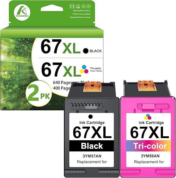 67XL Ink Cartridges Black and Color Combo Pack, Replacement for HP 67xl | 67 XL Ink with DeskJet 2755e 2855e 4155e 4255e Envy 6455e 6055 6000e 6455e Printer (2-Pack)