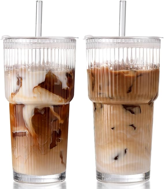 Iced Coffee Cups with Lids 2Pcs: Ribbed Glass Tumbler with Straw and Lid 20oz - Vintage Glass Cups with Lids and Straws - Tumbler Leak Proof Aesthetic Drinking for Coffee Bar Accessories
