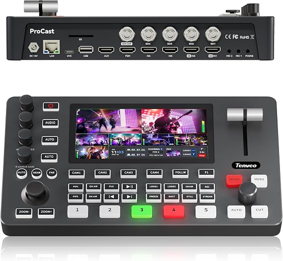 Tenveo 4K60FPS HDMI Video Switcher Mixer, 4*SDI & 4*HDMI Input, 5CH Live Streaming Switcher, 5.5 FHD Screen, 1080P60FPS Output, USB/SD Recording, Support PTZ Camera and Controller, NDI|HX3 Certified