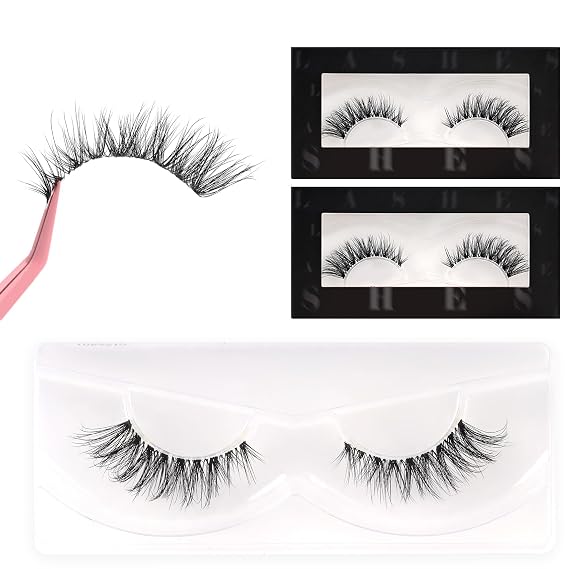 Veleasha Natural Lashes Strips Wispy Eyelashes with Clear Band (Clear 01) | Luxurious Handmade, Clear Thin Band, Ultra-Soft & Lightweight, 6-15mm Cat Eye Lashes, for Clean Girl Makeup, 2 Pairs Pack