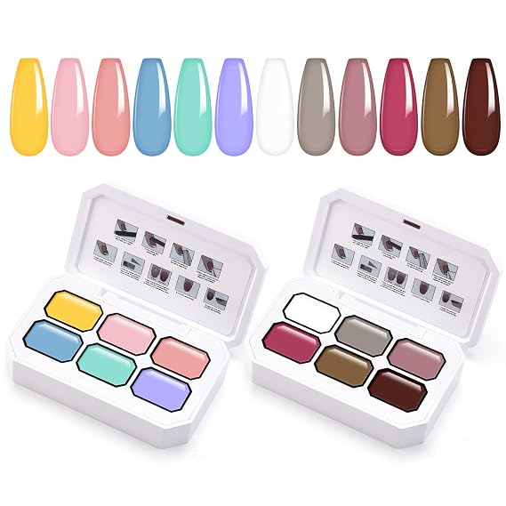 Gradient Painting Gel Kit, 12 Bright&Nude Almond Color | Ombre Gel Nail Polish,for Pigment Pat French Manicure,Long-lasting No-wipe Soak of UV Home Nail Salon
