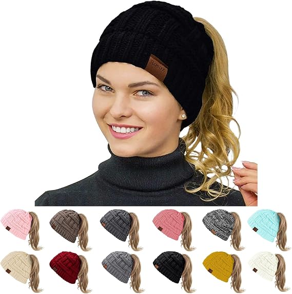 Rosoz Womens Ponytail Beanie Winter Beanie Hat Ponytail Hatfor Women Tail Stretch Cable Knit Cap Messy High Bun Hat
