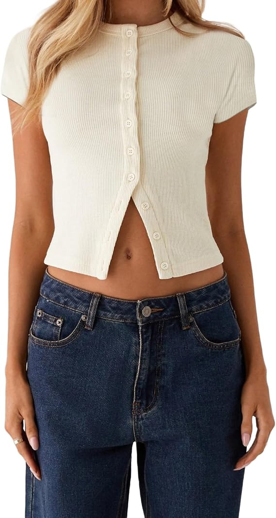 Button Down Short Sleeve Top Y2k Women Open Front Ribbed Knit Crewneck Cropped Sexy Tight T Slim Fit Cardigan Shirt