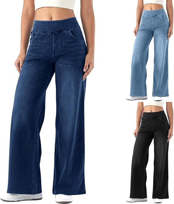 Wide Leg Jeans Woman | High Waisted Stretchy Baggy Jean, Elastic Waist Pull On Sweatpant, Long Straight Denim Pant