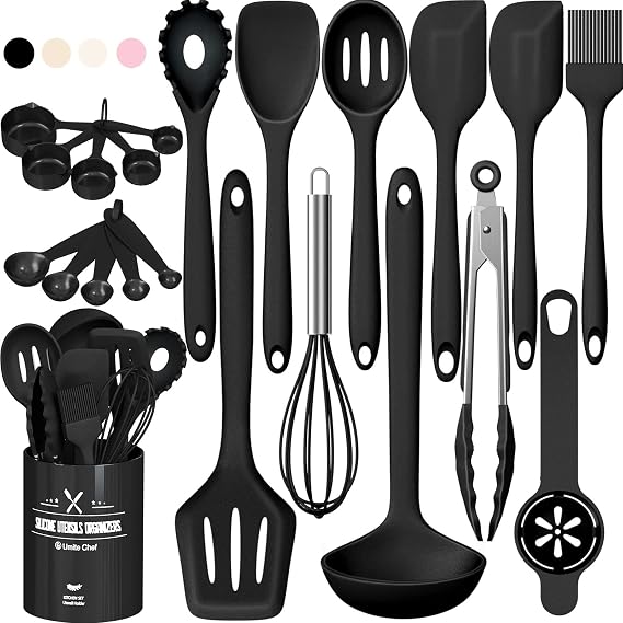 Silicone Kitchen Utensils Set, Umite Chef 22Pcs Cooking Utensils Spatula Set, Heat Resistant Non-Stick Silicone, Dishwasher Safe Cooking Gadgets Tools Set(Black)