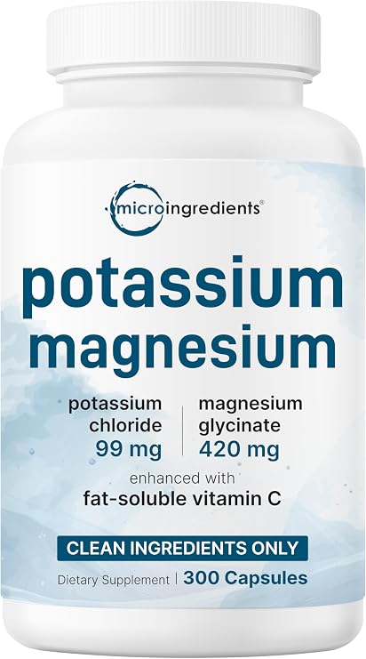 Pure Potassium Supplement with Magnesium Glycinate, 300 Capsules | Enhanced with Fat-Soluble Vitamin C | Chloride + Glycinate Mineral Electrolyte Complex | Only Active Ingredients | Filler Free