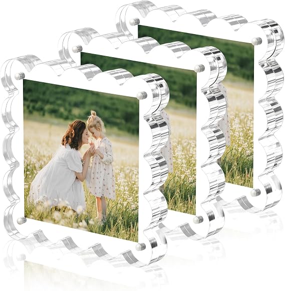 Chivalral 3 Pack 4x4 scalloped picture frame,acrylic Square Desktop Holders | Double Sided magnetic frames, 10+10mm Thick, Present for Birthdays, Weddings, Anniversaries , Daily Home ,Office decor