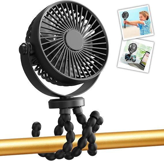 snawowo Mini Handheld Personal Portable Fan, Baby Stroller Fan, Car Seat Fan, USB or Battery Powered, with Flexible Tripod Clip on Student Bed Desk Bike Crib Treadmill Camping Traveling(Black)