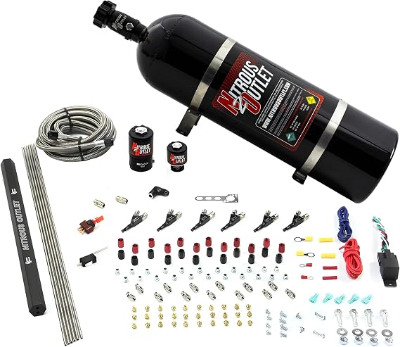 Nitrous Outlet 6 Cylinder Direct Port System - .122 Nitrous Solenoids/.177 Fuel Solenoids/Dual Passage Injection Rail/90 Degree Discharge Nozzles (E85)(45-55 psi)(75-375HP)(15lb Bottle)