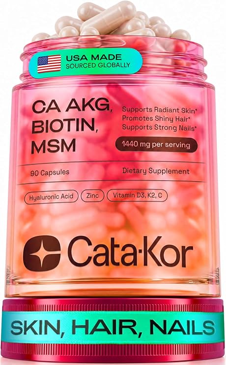 Cata-Kor Hair Skin and Nails Vitamins for Women Biotin Hair Supplement | Hyaluronic Acid | Calcium AKG | MSM | Vitamin D3 K2 & C Hair Growth Vitamins 30 Day Supply (1 Pack)