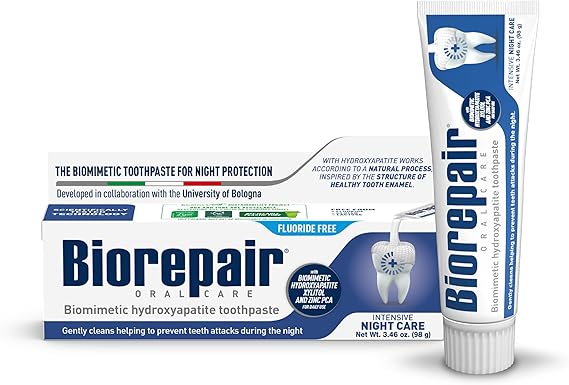 BIOREPAIR Intensive Night Care - Hydroxyapatite Toothpaste with Xylitol & Zinc PCA, Fluoride Free Toothpaste, Helps Maintain Hygiene & Reduce Plaque Build-Up at Night, Oral Care 3.46Oz Made in Italy