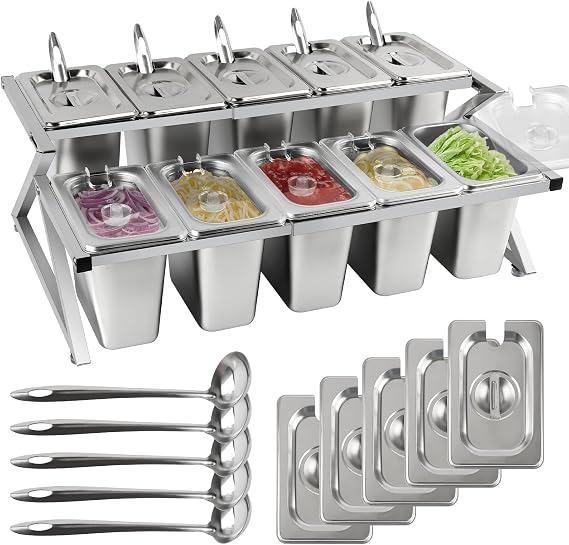 10 Pans Spice Rack Shelf 2 Row Stainless Steel Bar Garnish Serving | Adjustable Salad Bar with Spoons Countertop Inclined Holder Buffet Containers Set for Sauce Jam Ingredient Pantry