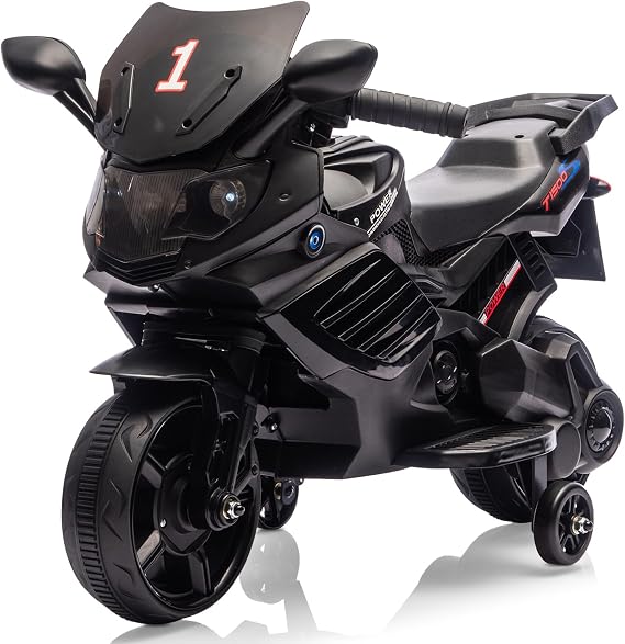 Kids Ride On Motorcycle, 6V Battery Powered Electric Motorcycle, w/Treaded Tires, Horn, Working Headlight, Music, Training Wheels, Stable Ride On Toys for Kids Toddler Boys Girls 3-6, Black