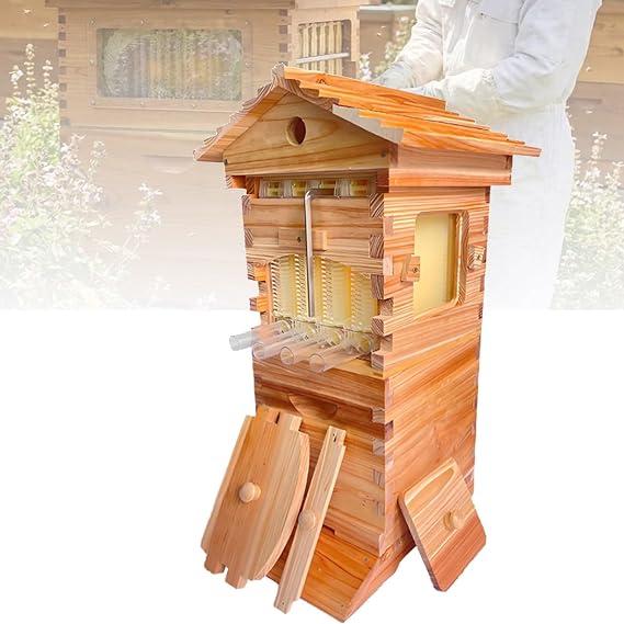 Beehive Starter Kit, Self-Flowing Wooden Bee Box, with Observation Window and Honey Spout, Self-Flow Hive Beehive Starter Kit, for Beekeeping, Garden Pollinators