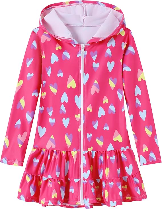Girls Swim Cover Up Dress Long Sleeve Hooded Zip Up Bathing Suit Cute Ruffle Coverup Kids Pool Beach Robe 4-10Y