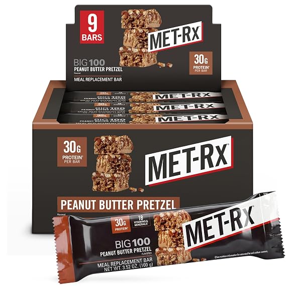 MET-Rx Big 100 Protein Bars, Peanut Butter Pretzel, 30g Protein, 9 Ct