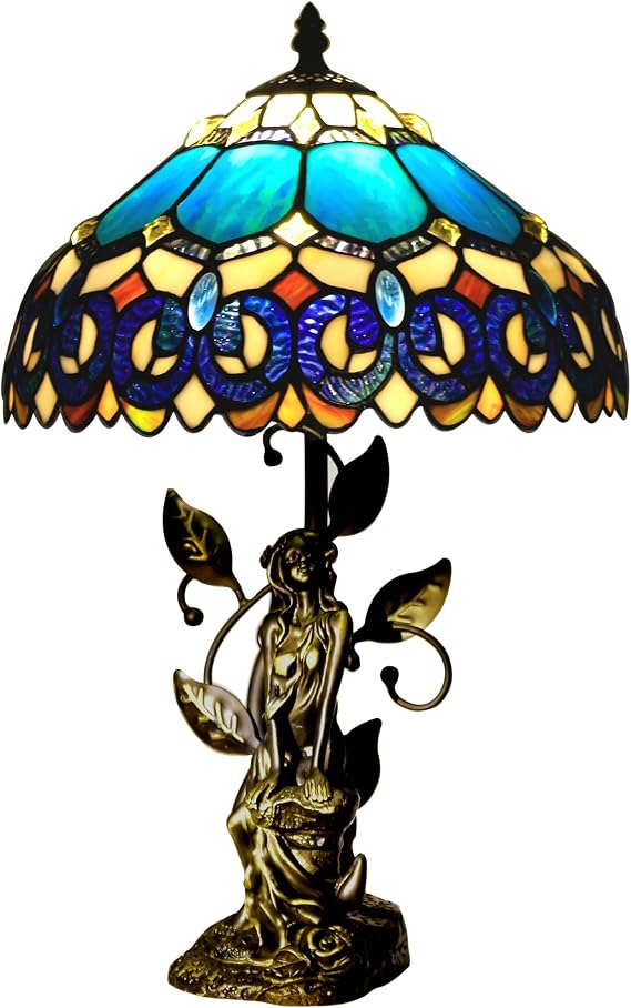 Tiffany Table Lamp Stained Glass 12X12X18.5 Inch Blue Jewelry Baroque | Resin Sculpture Antique Reading Light [Energy Class A]