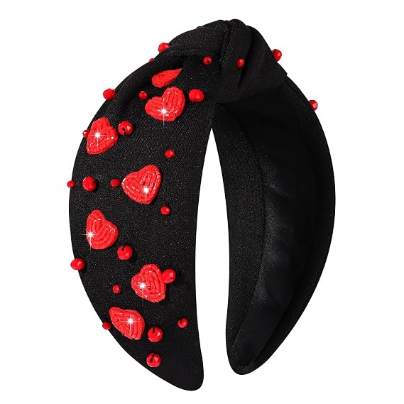 boderier Valentines Day Headband Red Pink Heart Headband Jeweled Crystal Knotted Headbands Valentines Lover Party Hair Accessory (Black-Red Heart)