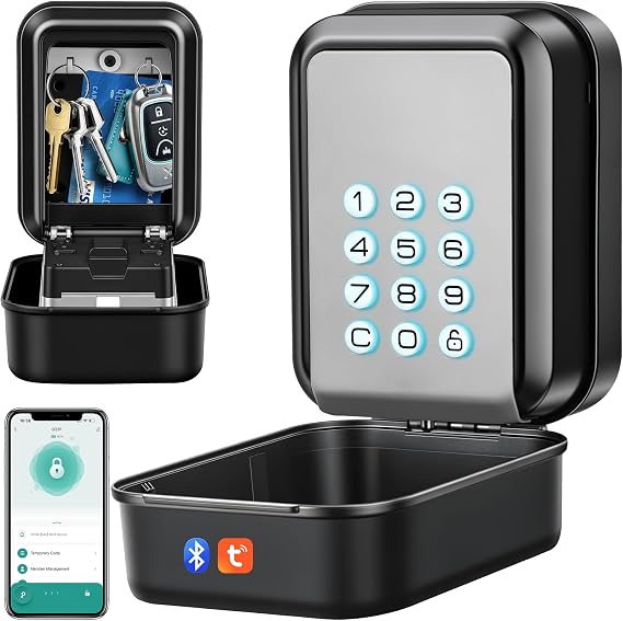 Smart Key Safe Wall Mounted Key Lock Box Outdoor TUYA APP Control Bluetooth and Passcode Unlock Keysafe Police Approved Waterproof Remote Access Key Box for Airbnb Home Office Realtor (Grey)