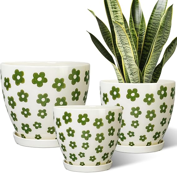 MPotTo Indoor Plant Pots - 10+8+6 Inch Ceramic Planters for Indoor Plants, Boho Round Ceramic Flower Pots with Drainage Holes and Saucers, Housewarming Gifts, Home Decor, Set of 3, White