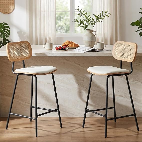 Ya-Home Bar Stools Set of 2 Counter Stools with Rattan Backrest, White