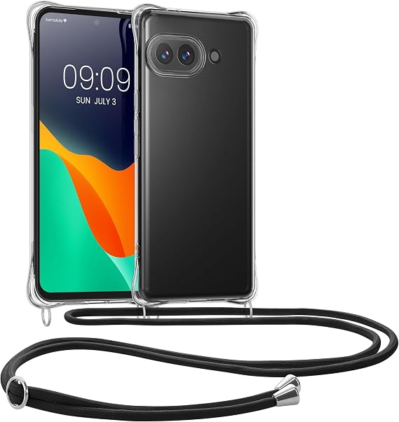 kwmobile Crossbody Case Compatible with Google Pixel 9a Case - Clear TPU Phone Cover w/Lanyard Cord Strap - Transparent/Black
