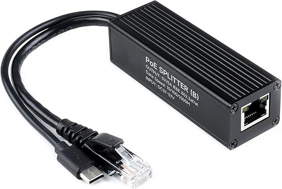 Industrial Gigabit PoE Splitter 5V 5A 25W Output, Power Over Ethernet Splitter Compatible with Raspberry Pi 5 4B 3B+ 3B/Network Camera, IEEE 802.3af/at-Compliant 10/100/1000Mbps, USB Type-C Port