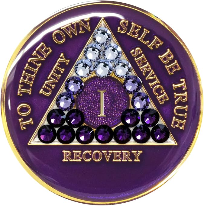 AA Chip | Sobriety Coin | Recovery Gift | Purple Medallion with Transformation Crystals