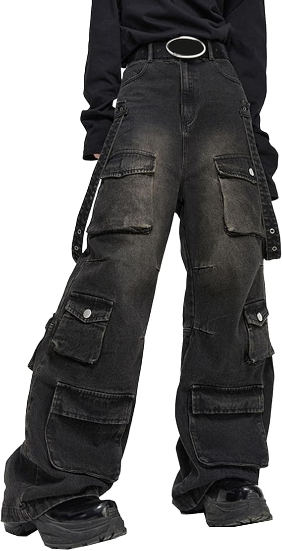 Mens Baggy Jeans Wide Leg Jeans Men High Waisted Jean Men's Loose Casual Rock Style Jean with Pockets