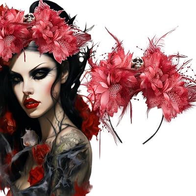 Halloween Skull Flower Headband Red Flower Crown Gothic Horror Headwear for Party Costume Cosplay Headwear Day of the Dead Floral Headpiece Hair Accessories for Women