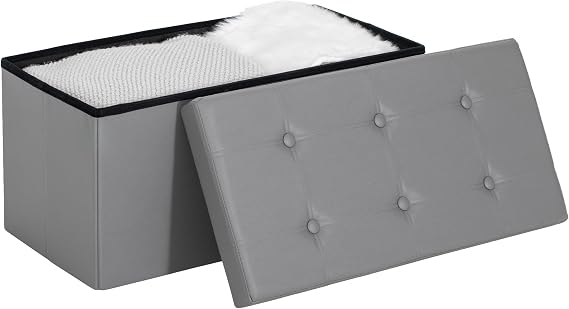 HOMCOM Storage Ottoman Bench 89L PU Leather Folding Foot Rest Stool Grey | End of Bed Bench, Easy Assembly, Living Room, Bedroom, Entryway