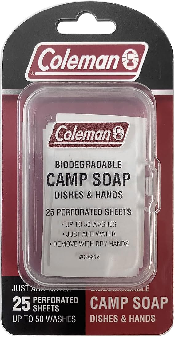 Coleman Camp Soap Sheets 25 Travel Soap Sheets for Camping, Hiking & Backpacking Perforated for 50 Washes, Dissolves Instantly in Hot or Cold Water, TSA-Approved for Travel