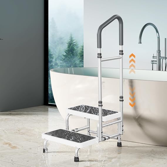Adjustable Height 2 Step Stool with Handle & Non-Skid Platform | Handrail Step Stool for Elderly, Adults, Lightweight Bed Step Foot Stool for Kitchen, Bedside, RV, Bathtub,Supports 400 lbs