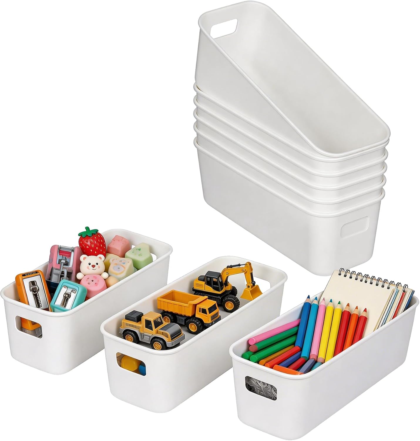 10 Pack Narrow Storage Baskets with Handles, Small Plastic Storage Boxes for Kitchen Cupboard, Bathroom Shelf Organiser Bins, Long White Storage Containers for Drawers Organiser Divider (28×10×9.5cm)