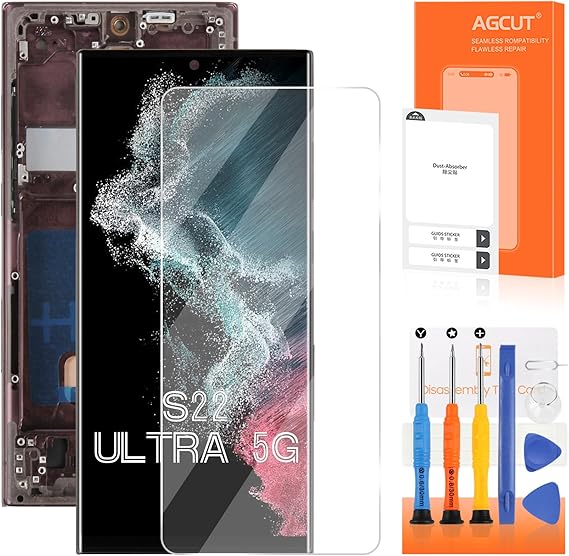 TFT for Samsung Galaxy S22 Ultra Screen Replacement for Display Samsung S22 Ultra LCD S908B SM-S908U Screen Digitizer Touch Assembly with Burgundy Frame (Original Size,No Fingerprint)