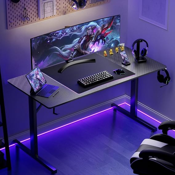 GTPLAYER 55 Inch Gaming Desk with LED Lights, Large Computer Desk with Mouse Pad for Home Office, T-Shaped Carbon Fibre Surface PC Game Workstations with Headphone Hook