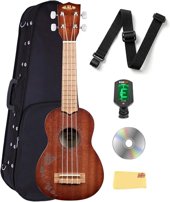 Kala KA-15S-H1 Satin Mahogany Soprano Ukulele - Hawaiian Islands Bundle with Hard Case, Tuner, Strap, Austin Bazaar Instructional DVD, and Polishing Cloth
