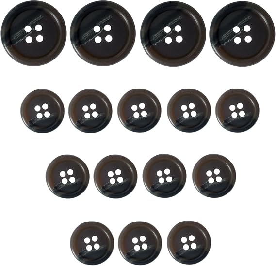 ButtonMode Vegan Faux Horn Suit Buttons 16pc Set has 4 Buttons Measuring 19mm (3/4 Inch) for Jacket Front, 12 Buttons Measuring 15mm (5/8 Inch) for Sleeves and Pants, Brown, 16-Buttons