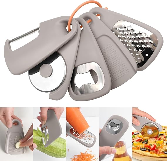 5 in1 Kitchen Gadgets, Peeler,Bottle Opener, Garlic Grinder,Cake cheese grater,Stackable Cooking Tools Space Saving for Small Kitchen, Accessories for RV Camper Inside Dishwasher Safe