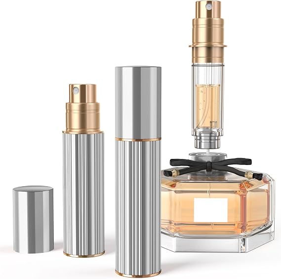 YIERSO 10ml Perfume Atomizer Travel Refillable,Bottom-Filling Fragrances Perfumes Bottle,Mini Cologne Dispenser, Portable Sprayer Pocket Size for Women Men Cruise Car Trip Gift 0.34oz (Sliver-10ml)