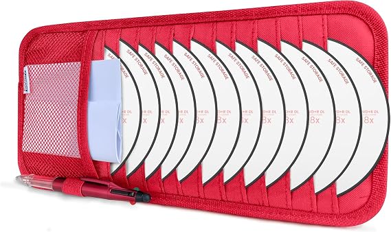 CD Case Holder for Car - Sun Visor Organizer for 12 CDs/Dvds, 1 Mesh Pocket & 1 Horizontal Pen Holder - Safe, Ergonomic Design (Red)