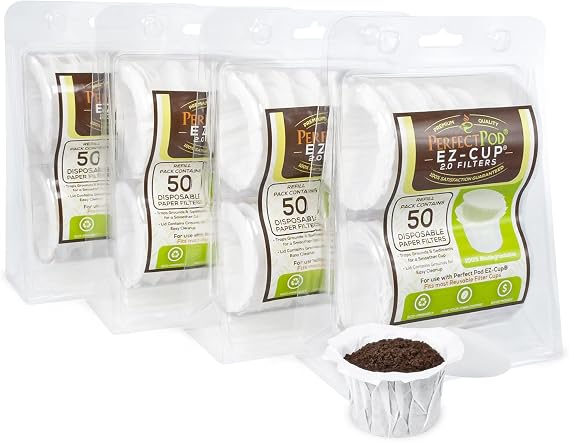 Perfect Pod EZ-Cup Paper Filters with Lid for Reusable Coffee Pods, 200 Ct