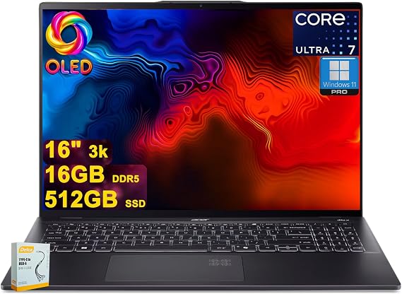 Acer Swift 16 AI Laptop | 16" 3k OLED Touch 100% DCI-P3 | Intel 8-core Ultra 7 Series 2 256V Up to 47 Tops | 16GB DDR5 512GB SSD | Backlit Fingerprint QHD IR Camera Win11Pro w/DLCA Accessory