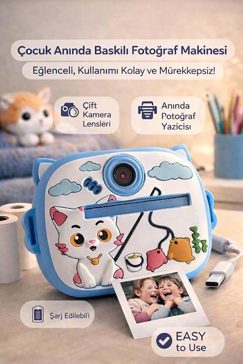Çocuk Anında Baskılı Mini Fotoğraf Makinesi Sevimli Tasarımlı Çift Kameralı Kamera