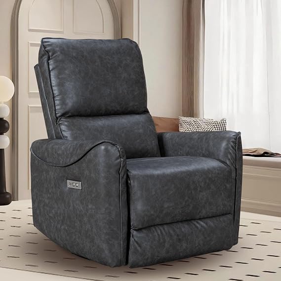 Power Recliner Chair Swivel Glider Rocker Recliner Chairs for Adults, Recliner Chairs for Living Room, Faux Leather Nursery Recliner Chair with Type-C & USB Charge Ports(Blue)
