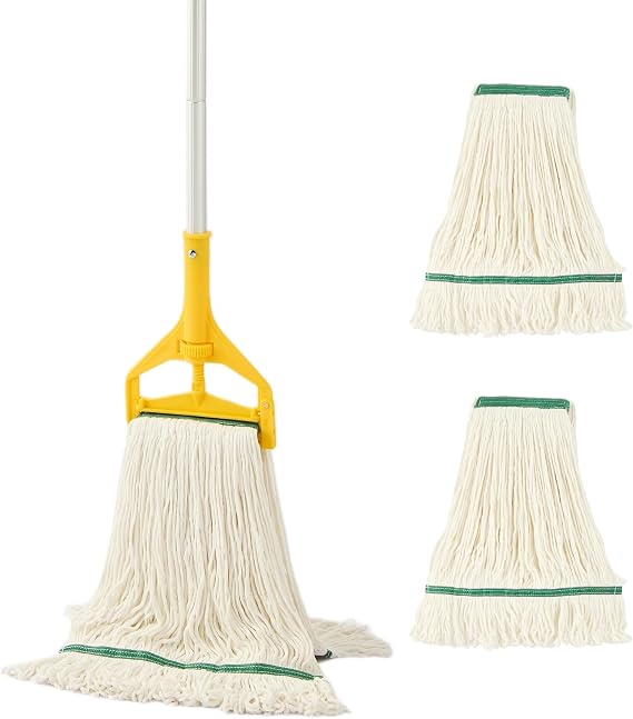 Commercial Industrial Mop with 59" Long Handle & 3 Replacement Mop Heads | Heavy Duty Cotton Wet Mop, Large Looped String Mop for Floor Cleaning, Professional Janitor Mop for Home Office Warehouse