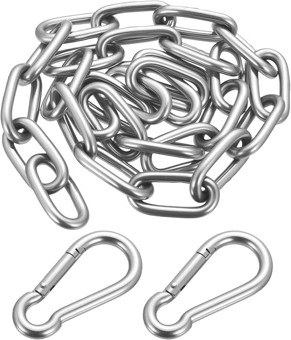 Stainless Steel Chains, 1 Metre Heavy Duty Chain Links, Metal Security Chain, 6mm Steel Welded Link Chains for Fence Gate Door Bike Bicycle Swing Security Lock Lift, with Carabiner
