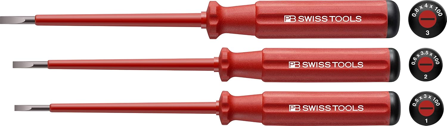 PB SWISS TOOLS 5539 Set of 3 Swiss Grip Classic Handle Type Insulated Flathead Screwdriver Set 0.4x2.5, 0.5x3, 0.6x3.5, 0.8x4, 1x5.5mm