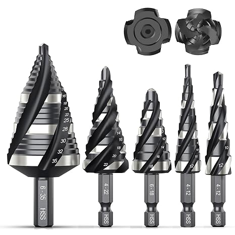 THINKWORK 5 Pcs HSS Step Drill Bit Set (Metric), Unibit for Metal-59 Steps | TiN coating, precise scale marks, (4-35mm)various sizes, smooth drilling, long lifespan, storage case,1/4"(6.35mm) Hex shank